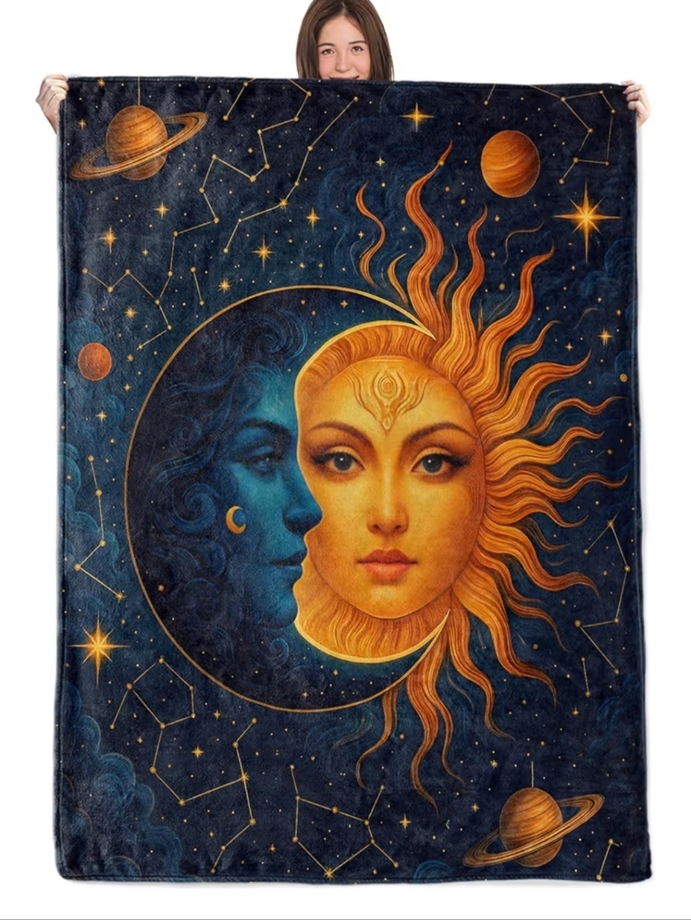 Sun and Moon Celestial Throw Blanket - Navy, Gold, Orange 60x50